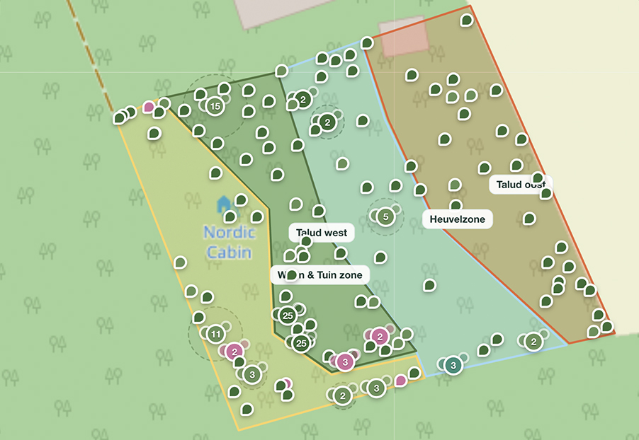 Plattegrond van een landschapstuin met ingetekende zones